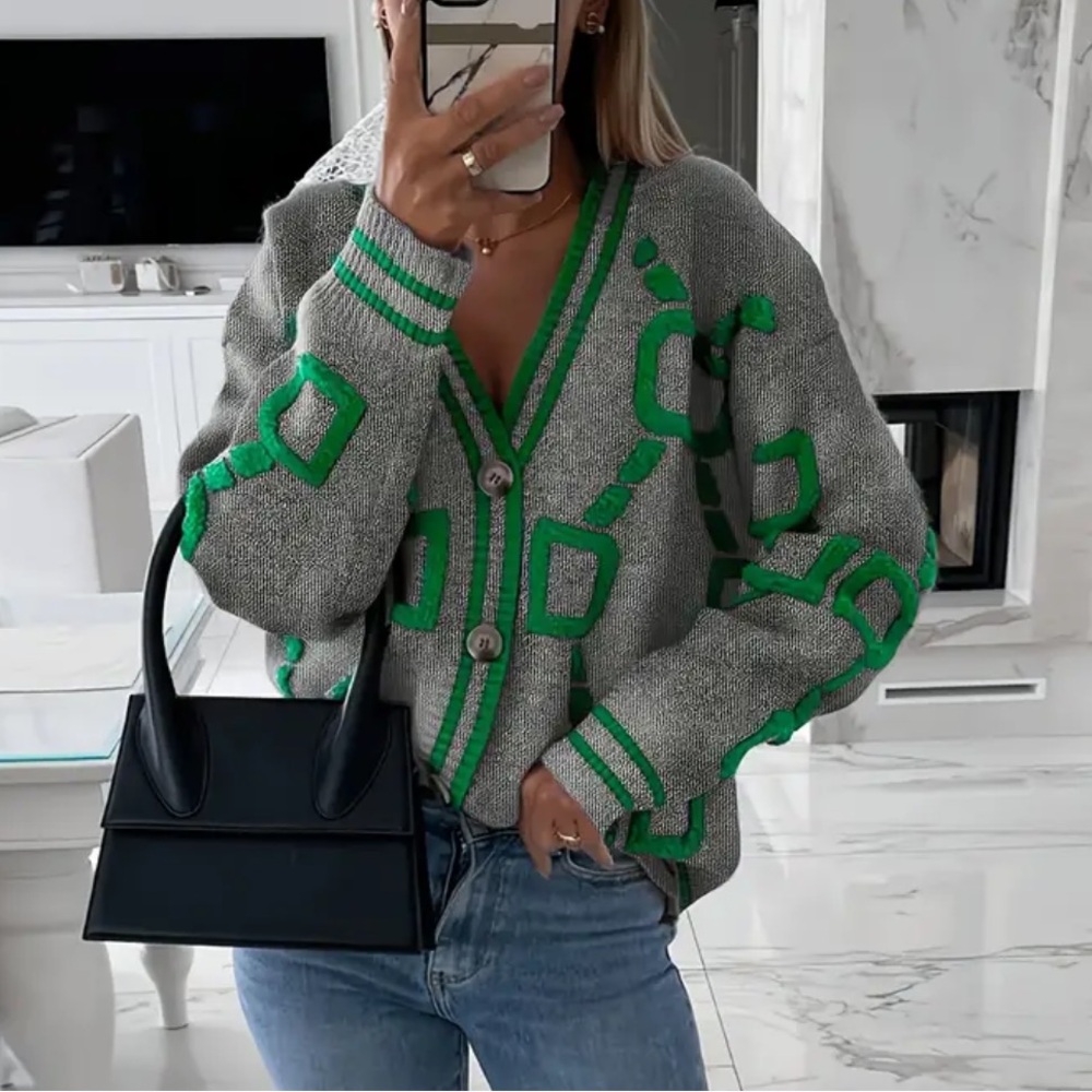 Green and Gray Casual Knit Oversized Cardigan Sz XXL